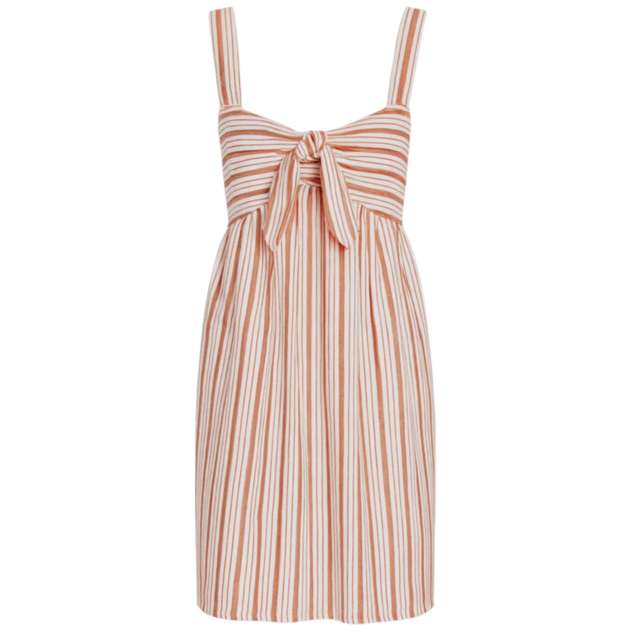Women's striped sundress with front tie bow and adjustable straps – lightweight summer dress in coral and beige